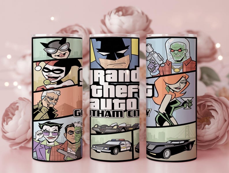 May include: A cylindrical tumbler featuring a comic book style graphic wrap with the text Grand Theft Auto Gotham City. The design displays various characters including Batman, Joker, Harley Quinn, and Mr. Freeze, alongside vehicles like a police car.