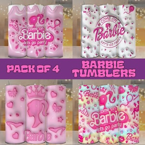 May include: A pack of four pink Barbie-themed tumblers. Each tumbler showcases different designs, including the Barbie logo, party-themed graphics, and the phrase "Come on Barbie, let's go party." The tumblers are cylindrical and have a silver straw.
