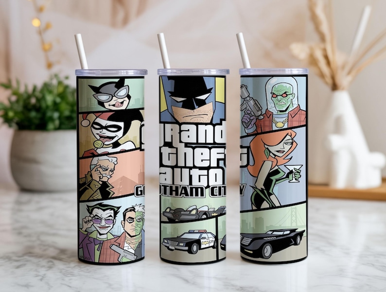 Batman Gotham City 20oz Tumbler Wrap PNG | Sublimation Design | Comic Villains Cup Wrap Digital Download image 1