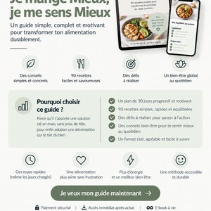 Op de afbeelding: Een digitale voedingsgids getiteld 30 Jours, Je mange Mieux, je me sens Mieux, weergegeven op een tablet en smartphone. De infographic bevat tekst, iconen en een lijst met voordelen voor een 30-dagen plan met 90 recepten en dagelijkse tips.