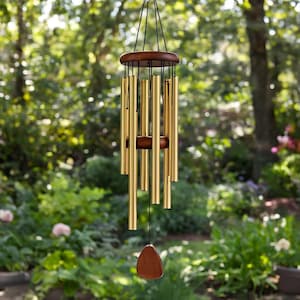 Può includere: Una carillon eolico sospeso con una parte superiore e un battente in legno marrone scuro. Il carillon presenta più tubi metallici color oro sospesi a corde nere. Lo sfondo è una vista sfocata di un giardino con fogliame verde.