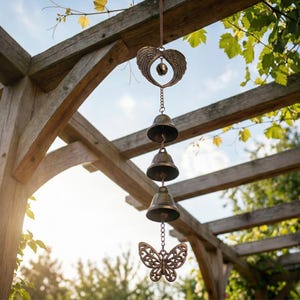 May include: A bronze-colored wind chime with a heart-shaped design with wings, a small bell, three bells, and a butterfly. The wind chime hangs from a wooden pergola with green foliage in the background.