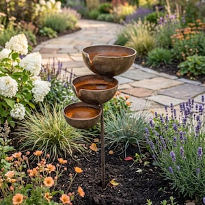 Rustic Metal Rain Catcher Garden Fountain Stake with Three Bowls Outdoor Zen decor
