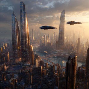 Op de afbeelding: Een digitale illustratie van een futuristische stad met torenhoge wolkenkrabbers en vliegende voertuigen. De gebouwen hebben een metalen, reflecterend uiterlijk, met gouden zonlicht dat de scène verlicht. De lucht is bewolkt.