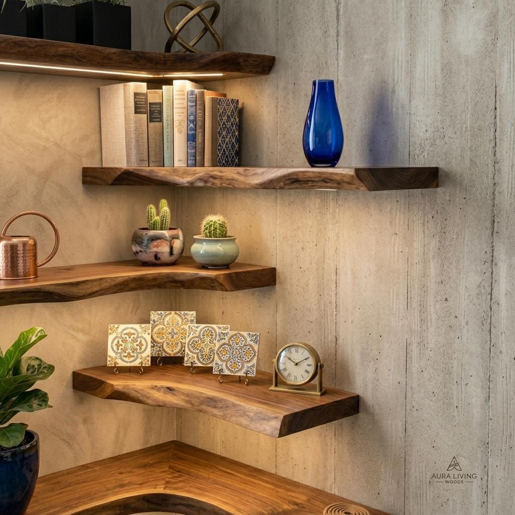 Handcrafted Live Edge Corner Wall Shelf, Rustic Wood Floating Shelf for ...