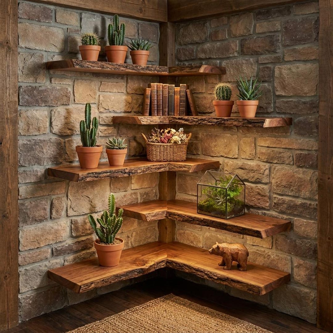Handcrafted Live Edge Corner Wall Shelf, Rustic Wood Floating Shelf for ...