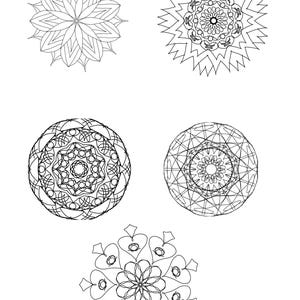 May include: Five black and white mandala designs. The mandalas feature intricate patterns, including floral, geometric, and starburst shapes. These designs are suitable for coloring or decorative purposes.