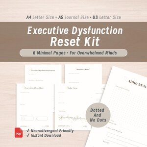 Può includere: Un kit digitale di ripristino della disfunzione esecutiva con sei pagine minimali per menti sopraffatte. Il kit include fogli stampabili per vari compiti, come un ripristino di spegnimento e l'attenzione odierna. Download immediato.