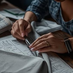 May include: A person using scissors to cut fabric over a pattern. The fabric is light grey, and the pattern is on a sheet of paper. The person wears a blue plaid shirt and a gold ring.