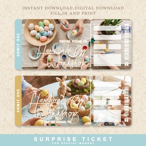 May include: Two printable Easter workshop tickets. The tickets have a light blue and gold border. The top ticket shows eggs in a wooden bowl and hands painting eggs. The bottom ticket shows a bunny and a basket of eggs. Text on the tickets reads "Handmade Egg Workshop".
