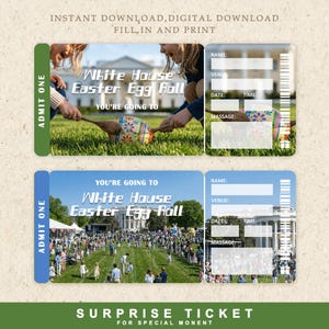 Puede incluir: Entradas descargables para la búsqueda de huevos de Pascua en la Casa Blanca. Las entradas tienen un diseño verde y azul con el texto "ADMIT ONE" y "YOU'RE GOING TO White House Easter Egg Roll". Las entradas son rellenables e imprimibles.