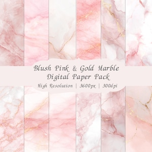 Blush Pink & Gold Marble Digital Paper Pack, 12 JPEG Backgrounds, High Resolution 3600px 300dpi, Elegant Printable Texture