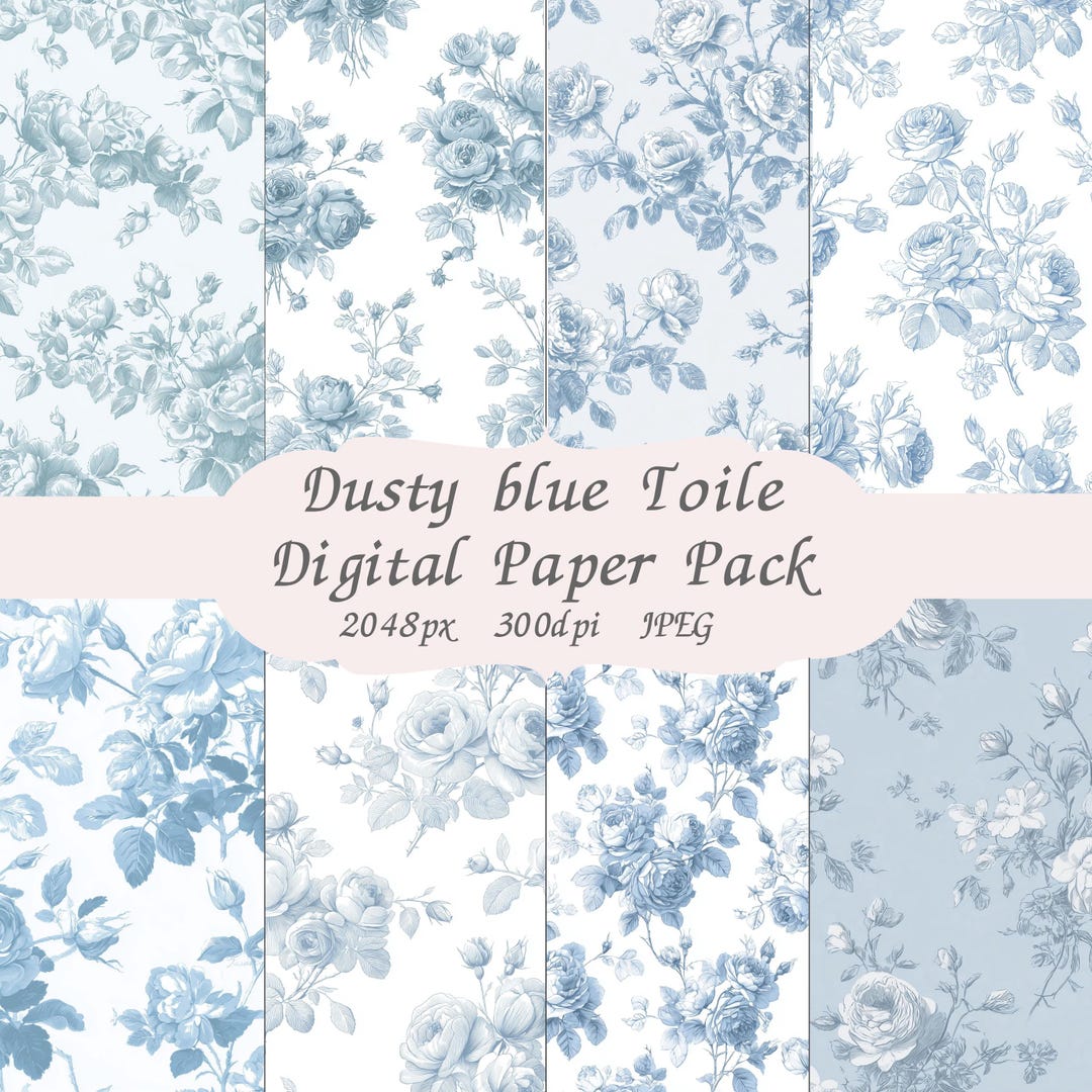 Dusty Blue Rose Toile Digital Paper Pack, Vintage French Floral ...