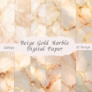 May include: A collection of 12 digital paper designs featuring beige and cream marble patterns with gold veining. The image includes the text Beige Gold Marble Digital Paper, 3200px, and 12 Design, displayed over the marble textures.