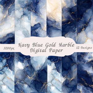 May include: A collection of 12 digital paper designs featuring navy blue, light blue, and white marble patterns with gold veining. The image includes the text Navy Blue Gold Marble Digital Paper, 3200px, and 12 Designs on a light background.