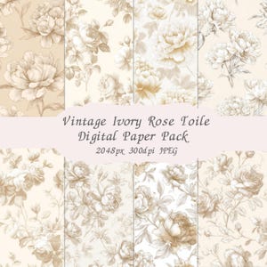 Vintage Ivory Rose Toile Digital Paper Pack, Beige Floral Background, Shabby Chic Wallpaper Pattern,  2048px 300dpi JPEG