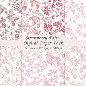 Jordgubbstoile digitalt papper sömlöst rosa blommönster, vintage fransk Toile de Jouy, 3600px 300dpi scrapbookingpapperspaket