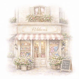May include: Watercolor illustration of a shop called "Ribbons" with a striped awning and flower boxes. The shop front features glass doors and a chalkboard sign that reads "Ribbons & Bows". The shop is decorated with pastel colors and flowers.