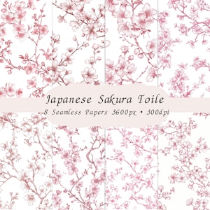 以下が含まれることがあります： 日本の桜トワルデザインの8枚のシームレスペーパー。白い背景にピンク色の桜の枝が描かれています。「Japanese Sakura Toile」の文字と紙の詳細が表示されています。