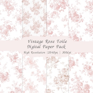 Carta digitale Vintage Rose Toile, sfondo floreale rosa cipria, stile carta da parati romantica francese, 2048px 300dpi, 8 design