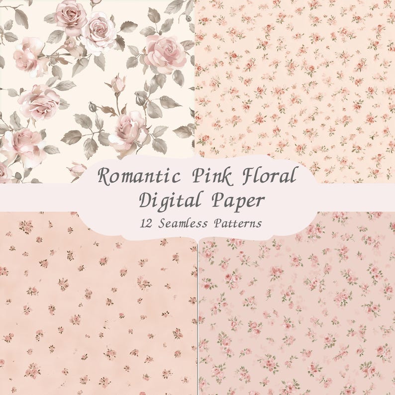 Blush Pink Floral Digital Paper, Vintage Rose Pattern, Shabby Chic ...