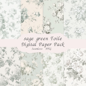 Könnte beinhalten: Eine Sammlung von digitalen Papiermustern mit floralem Design in Salbeigrün. Die Designs zeigen Rosen und andere Blumen in Grün- und Weißtönen. Der Text lautet "sage green Toile Digital Paper Pack Seamless JPEG."