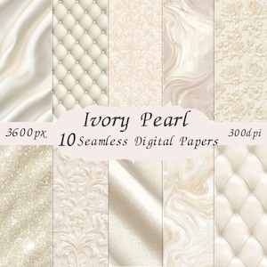 以下が含まれることがあります： Ivory Pearlと題された10種類のシームレスなデジタルペーパーコレクション。タフティング加工、ダマスク模様、渦巻く大理石、花柄、きらめくグリッターなど、アイボリーとクリーム色の様々なテクスチャが3600px 300dpiで表現されています。