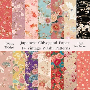 Peut inclure: Une collection de 14 motifs de papier japonais Chiyogami vintage. Les motifs présentent des compositions florales, des carpes koï et des grues dans diverses couleurs, notamment le rose, le bleu et l'or. Le texte indique "Japanese Chiyogami Paper 14 Vintage Washi Patterns High Resolution".