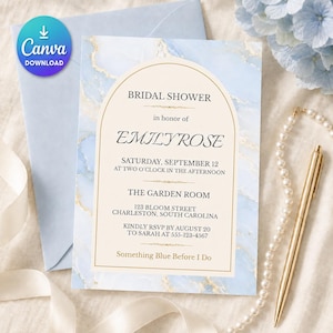 Something Blue Bridal Shower Invitation, Blue Marble Editable Canva Template, Printable 5x7 Invite, Instant Download