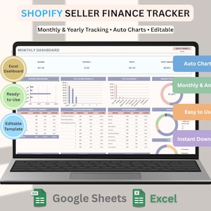 May include: A laptop displays a Shopify Seller Finance Tracker. The screen shows a monthly dashboard with charts and data. Features include monthly and yearly tracking, auto charts, and an editable template. The image also shows Google Sheets and Excel icons.