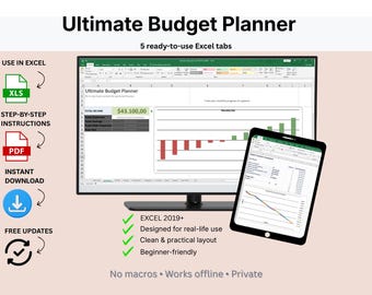 May include: An image of a computer monitor and a tablet displaying an Excel budget planner. The monitor shows a spreadsheet with financial data and charts. The tablet shows a similar spreadsheet. Text on the image includes "Ultimate Budget Planner" and "5 ready-to-use Excel tabs."