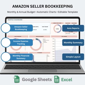 Könnte beinhalten: Ein Laptop-Bildschirm zeigt ein Amazon-Verkäufer-Buchhaltungs-Dashboard mit monatlichen und jährlichen Budgetinformationen, automatischen Diagrammen und einer editierbaren Vorlage. Funktionen umfassen die Verfolgung von Einnahmen und Ausgaben, automatische Berichte und eine monatliche Zusammenfassung.