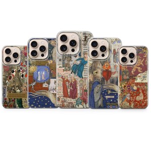 May include: Five phone cases with medieval art designs. The cases feature illustrations of figures in robes, religious scenes, and ornate patterns in shades of red, blue, and gold. The cases are arranged in a row.