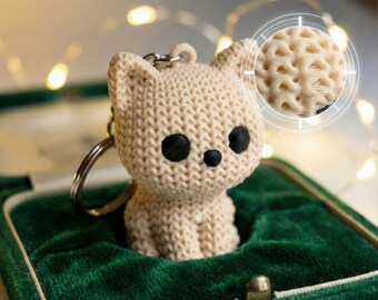 Faux Knit Cat Keychain | 3D Printed Amigurumi Style Keyring | Cute Kitty Bag Charm | Unique Cat Mom Gift | Funny Texture Art Decor