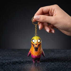Puede incluir: Un llavero con una pequeña figura de criatura redondeada con cara de calavera, ojos blancos brillantes y boca abierta. El cuerpo pasa de amarillo en la parte superior a naranja y morado oscuro en la base, unido a una anilla de metal de tono dorado.