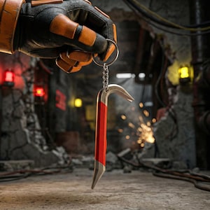 Könnte beinhalten: Ein roter und silberner Brecheisen-Schlüsselanhänger wird von einer behandschuhten Hand gehalten. Der Schlüsselanhänger hängt an einer silbernen Kette. Der Hintergrund ist eine schwach beleuchtete Industrieumgebung mit freiliegenden Rohren und Kabeln.