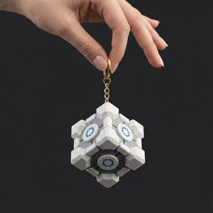 Puede incluir: Un llavero blanco y gris en forma de cubo con diseños circulares azules. El llavero se sujeta con una cadena y un anillo dorados. El cubo tiene un diseño geométrico y es un objeto de colección.