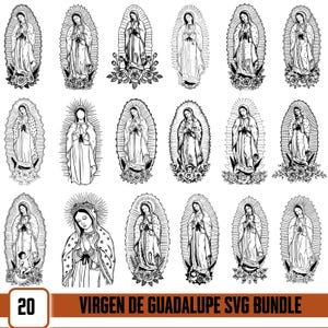 May include: A digital collection of twenty black and white line art illustrations featuring the Virgin of Guadalupe. Each design depicts the figure in a prayerful pose, surrounded by a radiant sunburst halo and floral accents at the base.