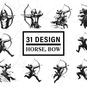 31 Archer SVG Bundle, Clipart cheval Archer, arc et flèche SVG, guerrier médiéval PNG, Design de chasse pour Cricut