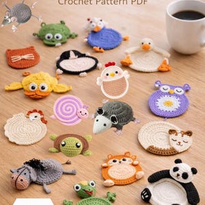 動物モチーフのかぎ針編みコースターパターン集（17種類）、かわいいあみぐるみコースターPDF、即時ダウンロード、初心者向けかぎ針編みパターンセット