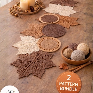 May include: A collection of handmade crochet items, including leaf-shaped placemats and round coasters in shades of brown and cream. A wooden bowl holds yarn balls, and a candle arrangement sits nearby. The image includes a "2 Pattern Bundle" sticker.