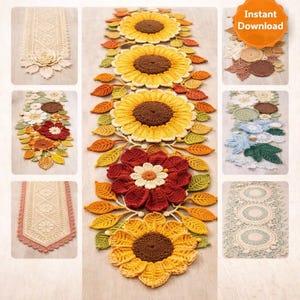 Pacote com 8 padrões de caminho de mesa de crochê, desenhos de renda de folhas de girassol (download em PDF)