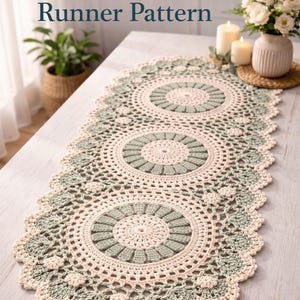 Puede incluir: Camino de mesa de ganchillo crema y verde salvia con un patrón circular. El camino de mesa tiene un borde festoneado y el texto "Crochet Table Runner Pattern" está en la parte superior de la imagen. El camino de mesa está sobre una mesa de madera clara.