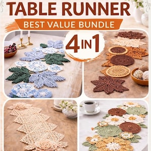 Könnte beinhalten: Häkel-Tischläufer-Bundle mit verschiedenen Designs. Das Bild zeigt vier verschiedene gehäkelte Tischläufer und Platzsets in verschiedenen Farben, darunter Blau, Grün, Beige und Braun. Der Text auf dem Bild lautet "CROCHET TABLE RUNNER BEST VALUE BUNDLE 4 IN 1".