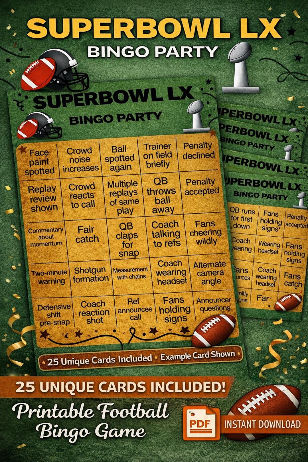 Super Bowl LX Bingo | 25 Unique Printable Cards (instant Download) - Etsy