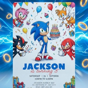Peut inclure: Une invitation d'anniversaire color&eacute;e avec Sonic le H&eacute;risson et ses amis. L'invitation comprend le texte "JACKSON is turning 8" ainsi que les d&eacute;tails de l'&eacute;v&eacute;nement. Le design int&egrave;gre des ballons, des confettis et un g&acirc;teau d'anniversaire.