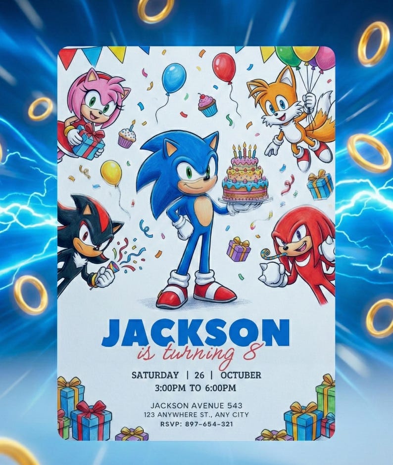 Peut inclure: Une invitation d'anniversaire color&eacute;e avec Sonic le H&eacute;risson et ses amis. L'invitation comprend le texte "JACKSON is turning 8" ainsi que les d&eacute;tails de l'&eacute;v&eacute;nement. Le design int&egrave;gre des ballons, des confettis et un g&acirc;teau d'anniversaire.