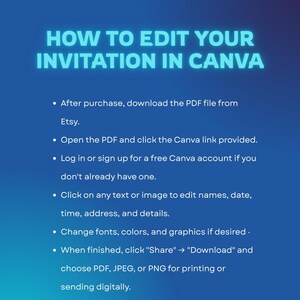Peut inclure: Fond bleu d&eacute;grad&eacute; avec texte blanc : &laquo; COMMENT MODIFIER VOTRE INVITATION DANS CANVA &raquo;. Des instructions sont fournies sur la fa&ccedil;on de modifier une invitation &agrave; l'aide de Canva, y compris le t&eacute;l&eacute;chargement d'un PDF et la modification du texte et des graphiques.