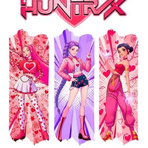 May include: An illustration featuring three stylized female figures in pink and red outfits, with the text "HUNT RX" above. Each figure is set against a patterned background with hearts and flowers. The overall theme is a vibrant, cartoonish style.