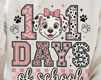 101 Days of School Dalmatian PNG, Cute Pink Puppy, Teacher Kids 101st Day Shirt, Dog Lover Celebration, Spotted School Sublimation Download